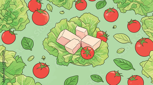 Fresh vegetables and tofu arranged on a green background with tomatoes and lettuce