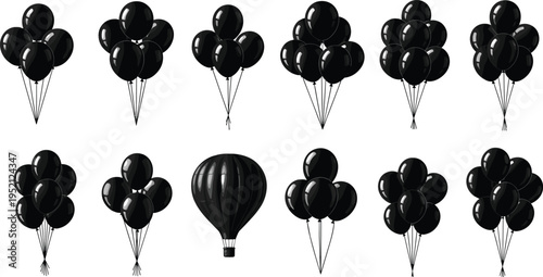 Collection of black balloons and a black hot air balloon on a white background helium balloon