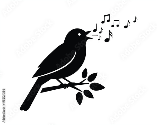 A bird perched on a branch singing musical notes