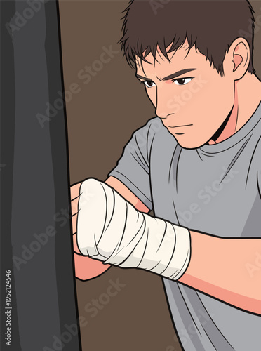 Boxer trains with punching bag at gym in evening hours before a big match to improve skills and build strength