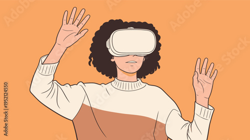 Person uses virtual reality headset in a room with an orange background during a technology session