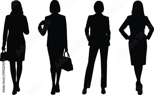 Four black silhouette women in business attire with handbags and briefcases clothing