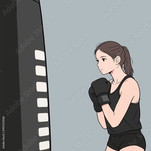 Girl practices boxing skills with punching bag in gym setting during afternoon workout session focused on training