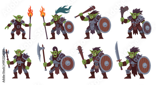 Set of eight green orc or goblin warrior sprites armed with swords, axes, and shields in a retro pixel art style.
