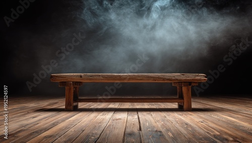 A rustic wooden table sits in a dimly lit space, with swirling smoke around it, creating a mysterious and atmospheric vibe.