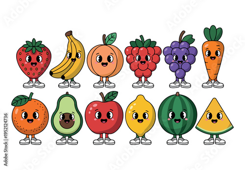 Adorable kawaii style fruits and vegetables with happy faces and shoes standing in a neat row