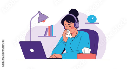 Sick woman with headphones sits at desk in front of laptop while blowing her nose with a tissue during a remote work session.