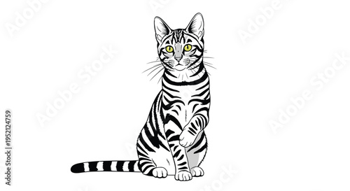 Beautiful bengal cat with distinctive black stripes and yellow eyes sits gracefully against a clean white background.