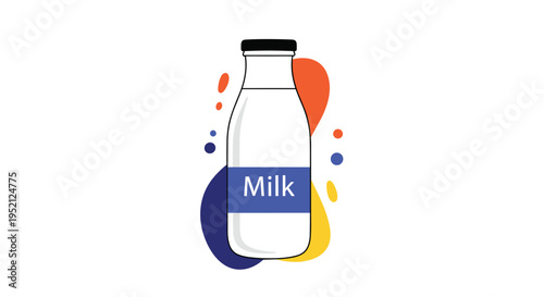 Glass bottle of fresh milk with a blue label against a modern background of abstract orange and blue organic shapes.