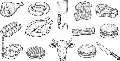 Hand drawn collection of meat products and butcher tools with a cow head and burgers