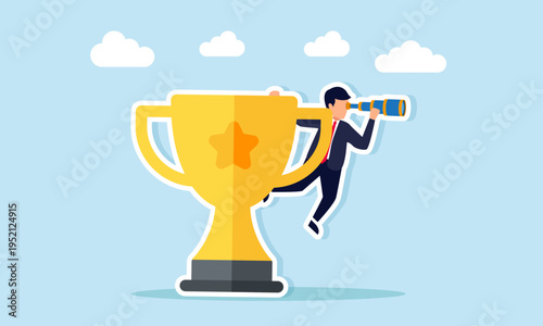 Businessman hanging on trophy holding telescope observing opportunity illustration of identifying chances to become leading company