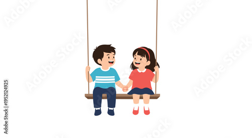 Two happy children, a boy and a girl, sitting together on a wooden swing while smiling and holding hands in a park.