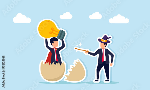 Businessman like magician using wand to transform egg into super businessman holding lamp illustration of building creative team