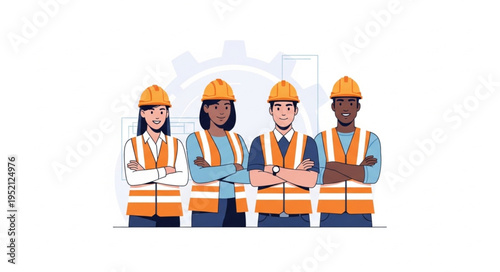 Diverse construction workers standing together wearing hard hats and safety vests.