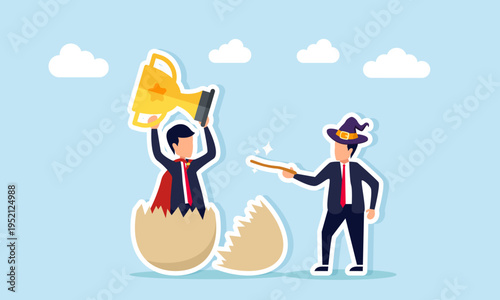 Businessman like magician using wand to transform egg into super businessman holding trophy illustration of building winning team