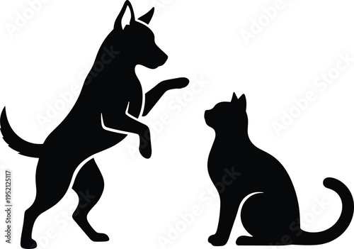 Black silhouette of a playful dog jumping and a calm cat sitting together on a white background, representing pet friendship, animal interaction, and vet clinic logos.