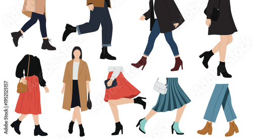 Diverse collection of people's legs and feet shown walking in various stylish shoes and colorful fashionable clothes.