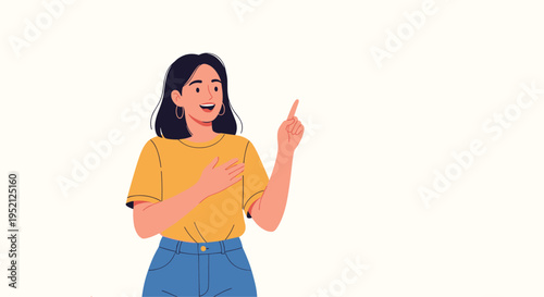 Happy young woman in a yellow t-shirt and blue jeans pointing her finger upward while having an original idea.