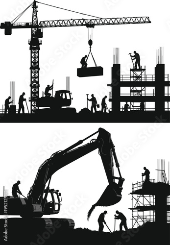 Black silhouette of construction site featuring heavy hydraulic excavator and tower crane with workers building multi story industrial structure for urban infrastructure development project.