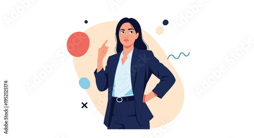 Serious businesswoman in a dark blue suit stands thoughtfully with her hand on her hip and pointing her finger up.