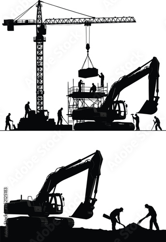 Black silhouette of construction site featuring heavy hydraulic excavator and tower crane with workers building scaffolding for industrial project infrastructure development and engineering work.