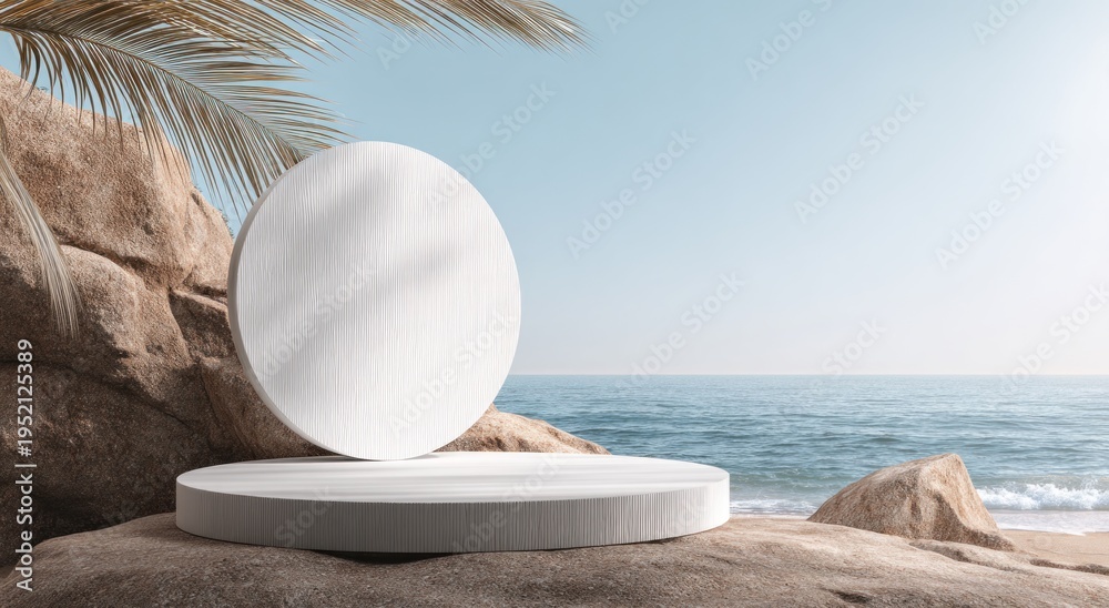 Obraz premium A serene coastal scene featuring minimalist circular platforms on rocky shorelines with ocean waves and palm leaves in the background.