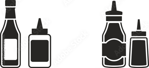 Sauce bottle condiment icon set, ketchup mustard dispenser symbols for restaurant kitchen food seasoning and cooking ingredients