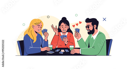 Three happy friends, two women and a man, sitting around a table while playing an engaging card game together.