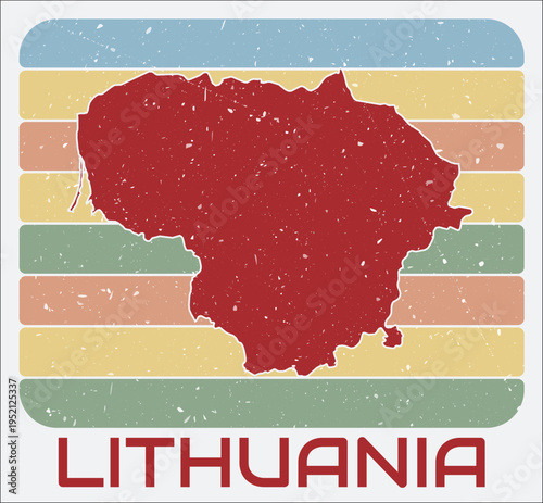 Lithuania vintage logo. Shape of the country on retro colored stripes background. Lithuania map design with grunge scratch texture. Vector illustration.