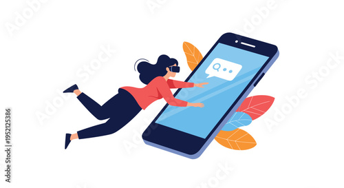 Surreal illustration of a woman wearing virtual reality goggles flying through space toward a giant smartphone screen.