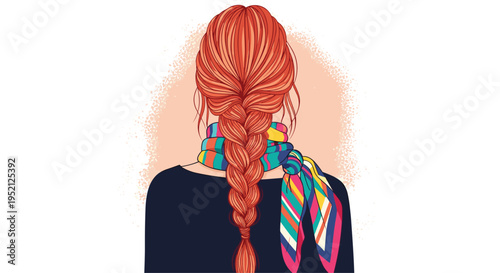 Close up back view of a woman with long red hair braided into a thick plait wearing a colorful patterned scarf.