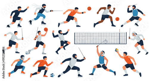 Extensive collection of flat vector athletes participating in sports like fencing basketball soccer and volleyball.