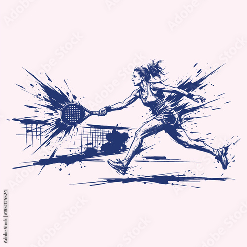 Dynamic Female Pickleball Player in Ink Splash Sketch Style – Action Sports Illustration