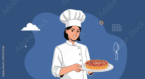 Smiling female pastry chef in a traditional white uniform holding a freshly baked berry pie on a white plate.