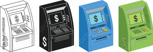 Set of ATM machine icons in different colors, automated teller banking terminal vector illustration isolated on white background modern finance