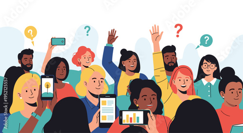 Diverse crowd of people using their smartphones and raising their hands with colorful question marks above them.