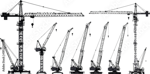 Collection of black silhouette tower cranes and heavy lifting machinery used in construction projects and industrial building sites for urban infrastructure development and engineering.