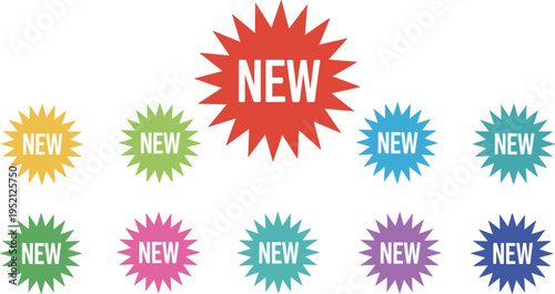 Set of colorful starburst burst stickers with new text isolated on white background for marketing promotions, retail sales, and advertising product launches