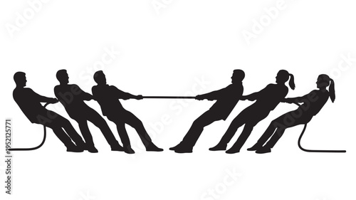 Silhouette of Diverse Business Team Competing in Tug of War Representing Corporate Struggle and Teamwork