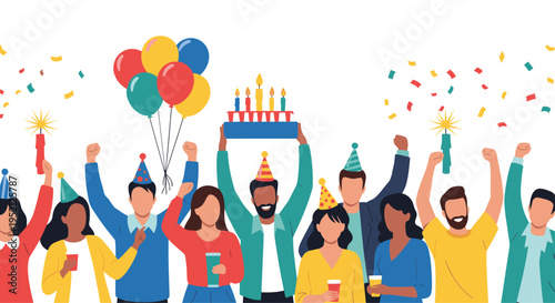 Group of happy friends celebrating a birthday together with cake, candles, balloons, confetti, party hats, and drinks.