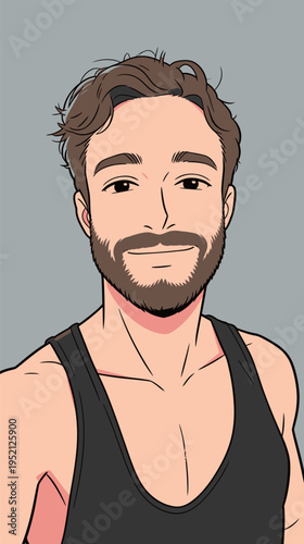 Young man smiles while taking a selfie with a plain background in a casual tank top during daytime