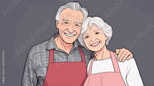Couple enjoys cooking together while wearing aprons and smiling in a kitchen setting during a sunny afternoon