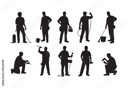 A comprehensive set of black silhouettes depicting various manual laborers and tradesmen working with tools