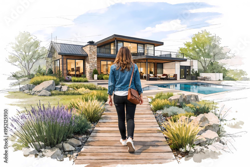 woman walking toward architect's rendering of home imagining the possibilities