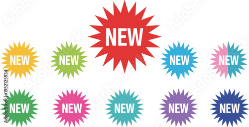 Set of colorful starburst burst stickers with new text isolated on white background for marketing promotions, retail sales, and advertising product launches