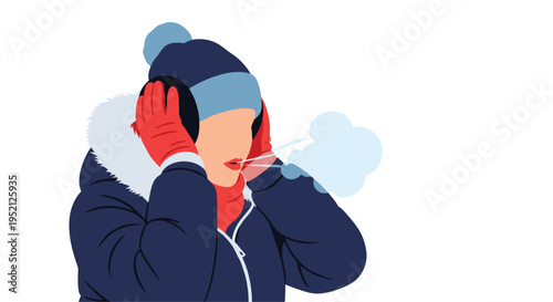 Person in heavy winter clothing blowing cold air from their mouth illustrating freezing temperatures and snow.