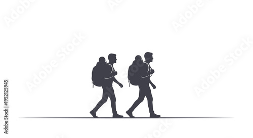 Minimalist Silhouette of Two Men Hiking with Backpacks on White Background - Traveling and Trekking Concept