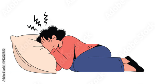 Woman lying down on a pillow and clutching her head in pain representing a severe migraine, headache, or distress.