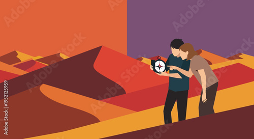 Couple Navigating Through Desert Dunes with Compass Illustration - Concept for Business Strategy, Direction, Exploration, and Guidance in Modern Flat Style