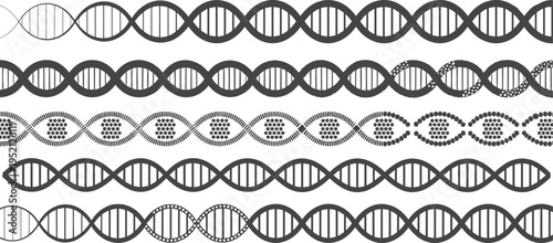 Set of DNA double helix spiral line art borders and genetic icons for science research, biotechnology, medical education, and molecular biology design projects